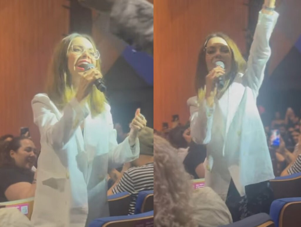 Sandy vai ao teatro e ator a bota para cantar na plateia: veja vídeo
